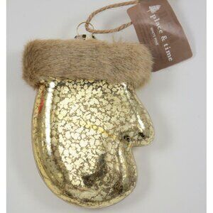 Place & Time White Pine Clear & Gold Plastic Mitten Ornament w/Faux Fur NWT